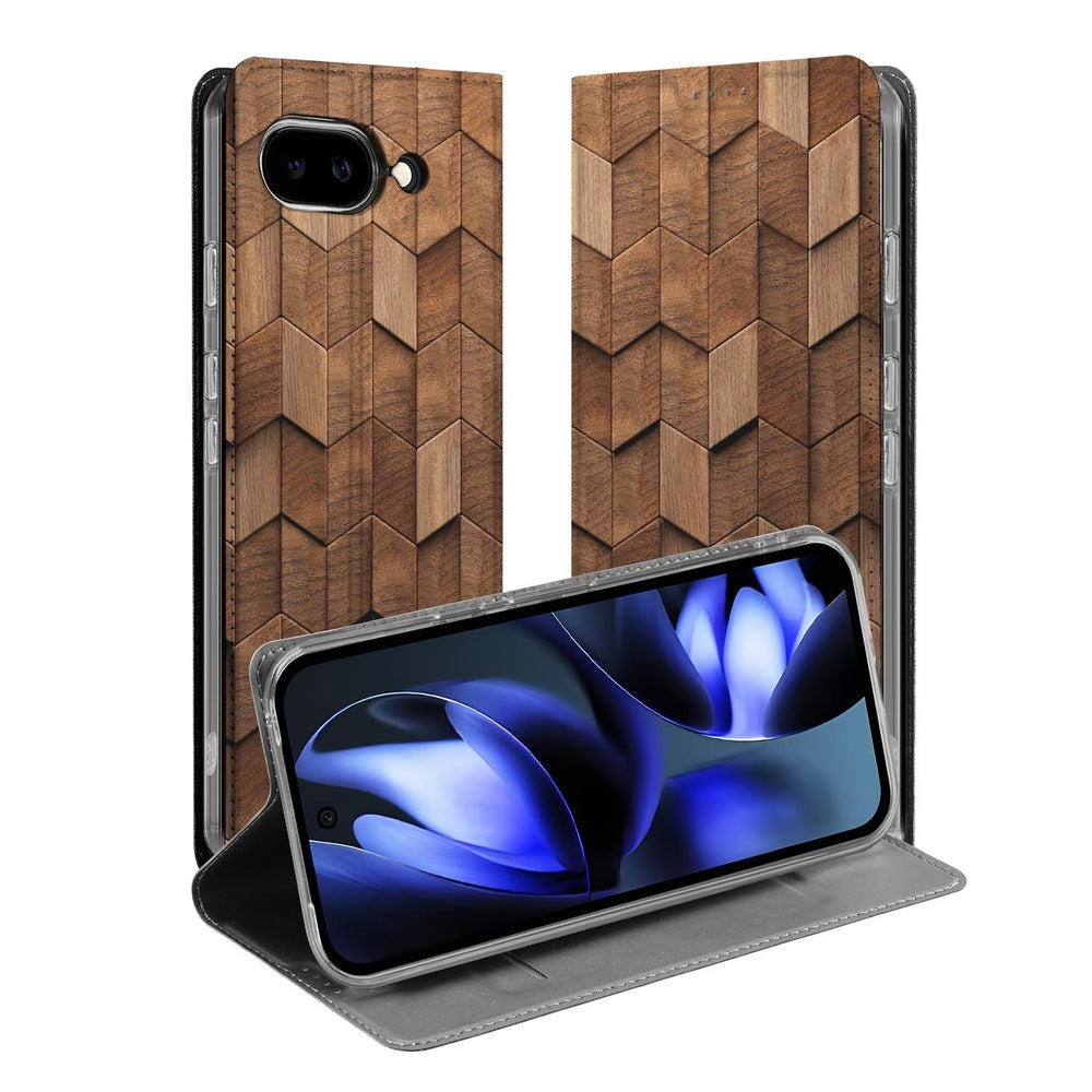 Google Pixel 9a Smart Cover Hoesje Wooden Cubes wallet case houten blokken ontwerp aanzicht