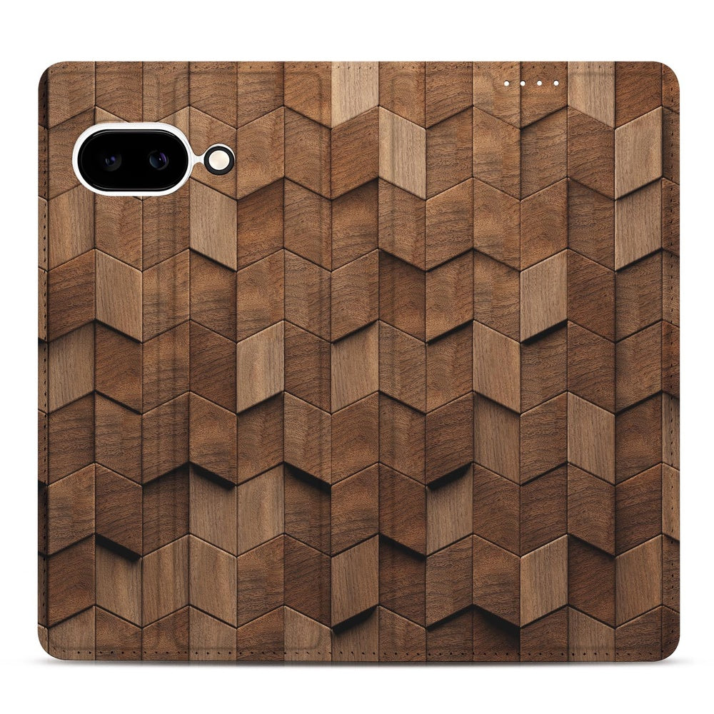 Google Pixel 9a Smart Cover Hoesje Wooden Cubes wallet case wooden cubes patroon bovenaanzicht