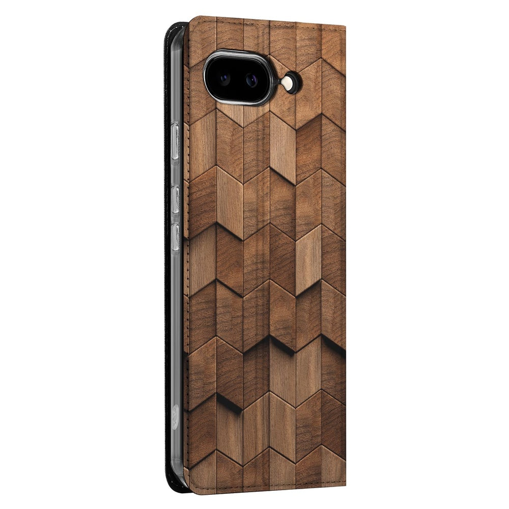 Google Pixel 9a Smart Cover Hoesje Wooden Cubes wallet case houten kubussen zijaanzicht