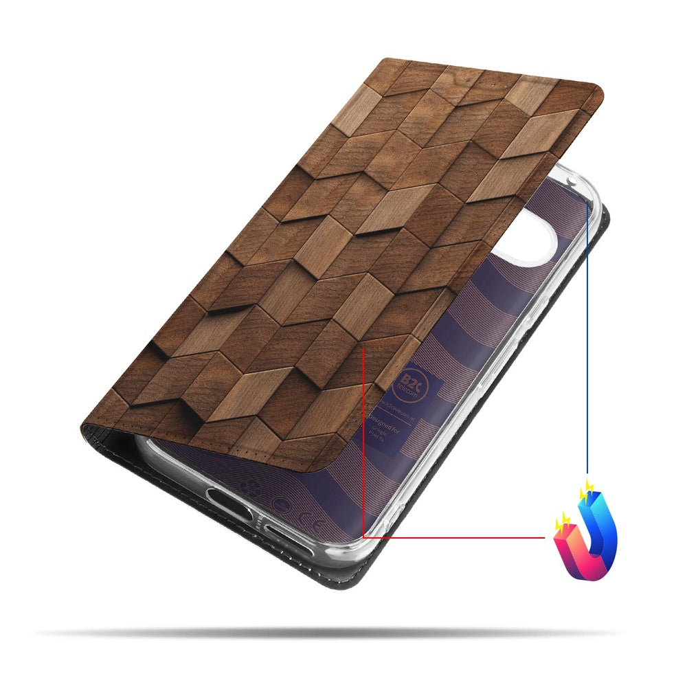 Google Pixel 9a Smart Cover Hoesje Wooden Cubes wallet case wooden cubes aanzicht