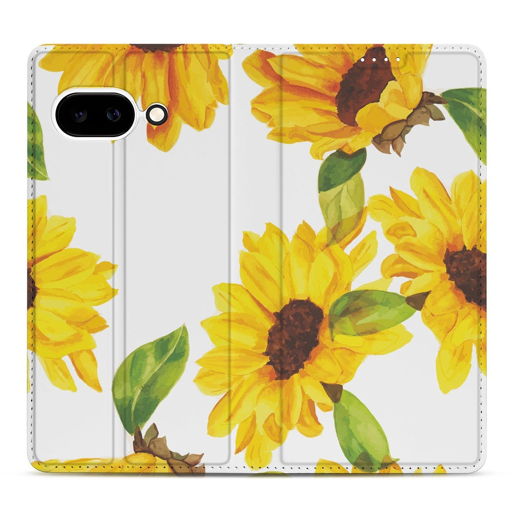 Google Pixel 9a Book Case Zonnebloemen bookcase zonnebloemen design voorzijde