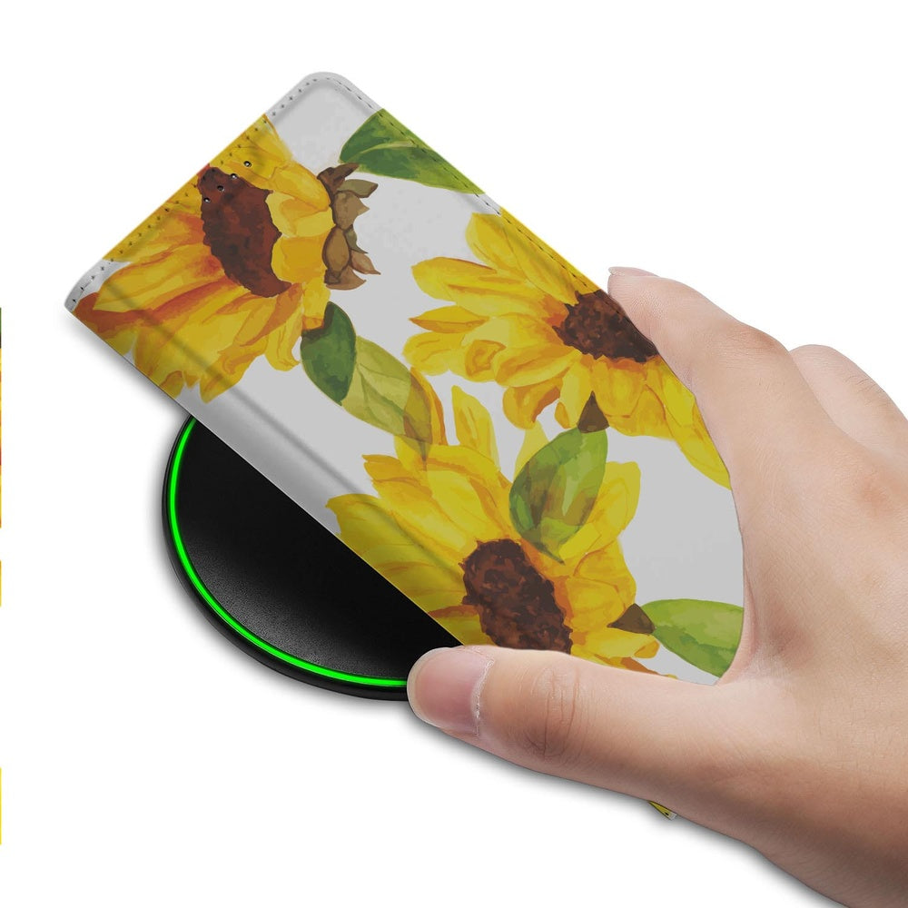 Google Pixel 9a Book Case Zonnebloemen design hand aanzicht