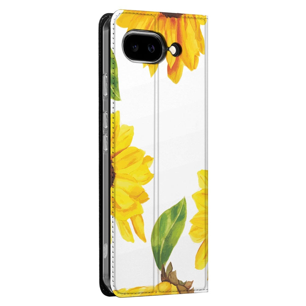 Google Pixel 9a Book Case Zonnebloemen bookcase hoesje design zonnige zonnebloemen aanzicht