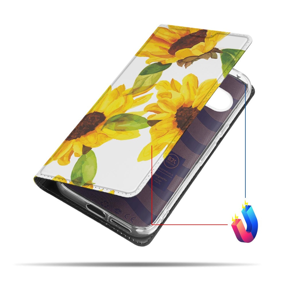 Google Pixel 9a Book Case Zonnebloemen bookcase hoesje zonnebloemen design zijaanzicht