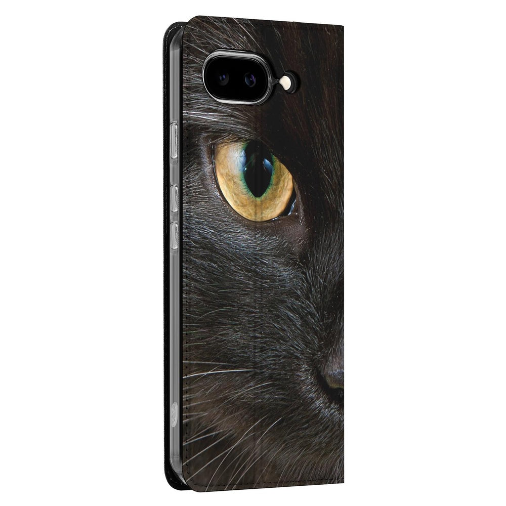 Google Pixel 9a Book Case Zwarte Kat kat oog zijkant
