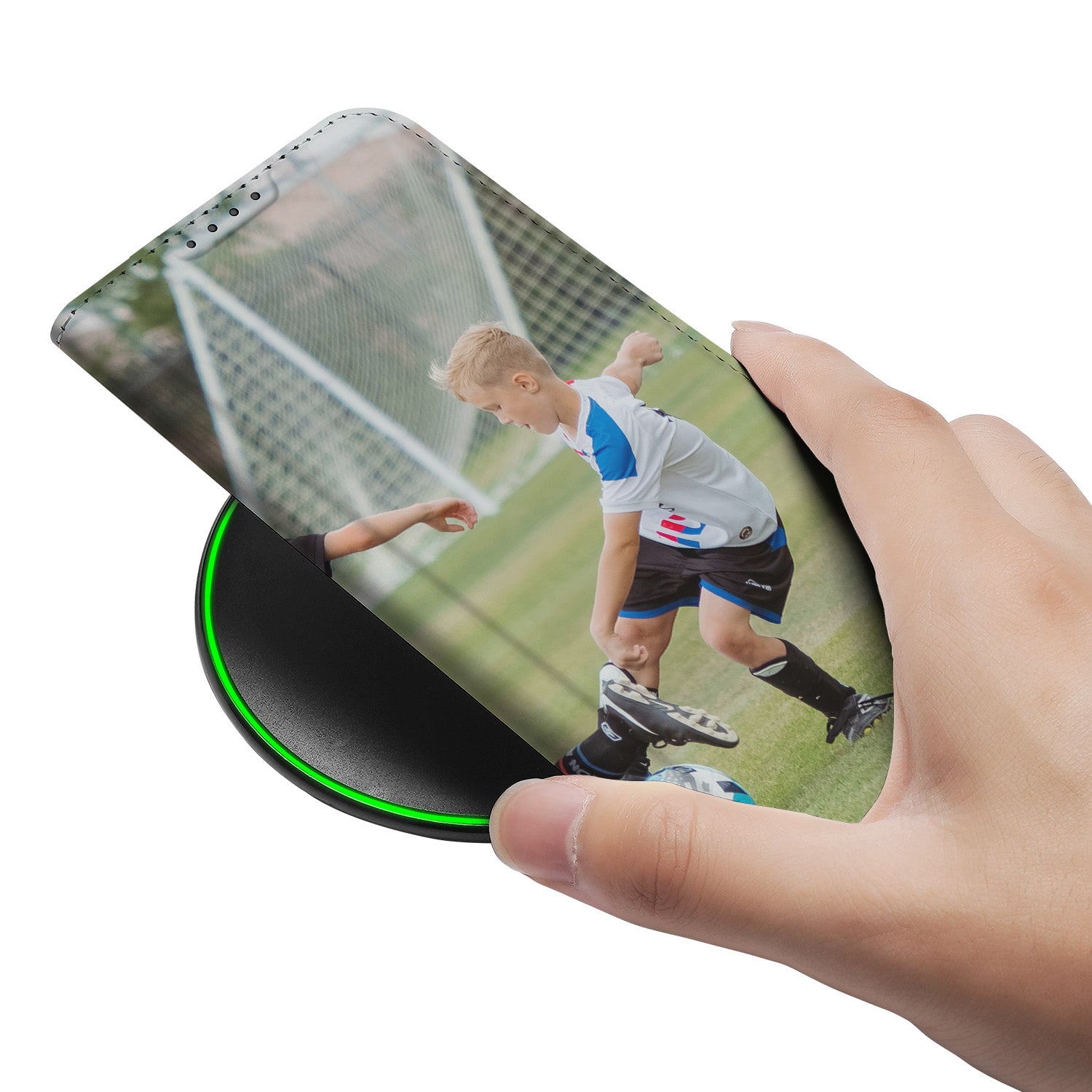 B2C Telecom iPhone 16e Gepersonaliseerd Stand Case Hoesje Sportfoto Zijkant