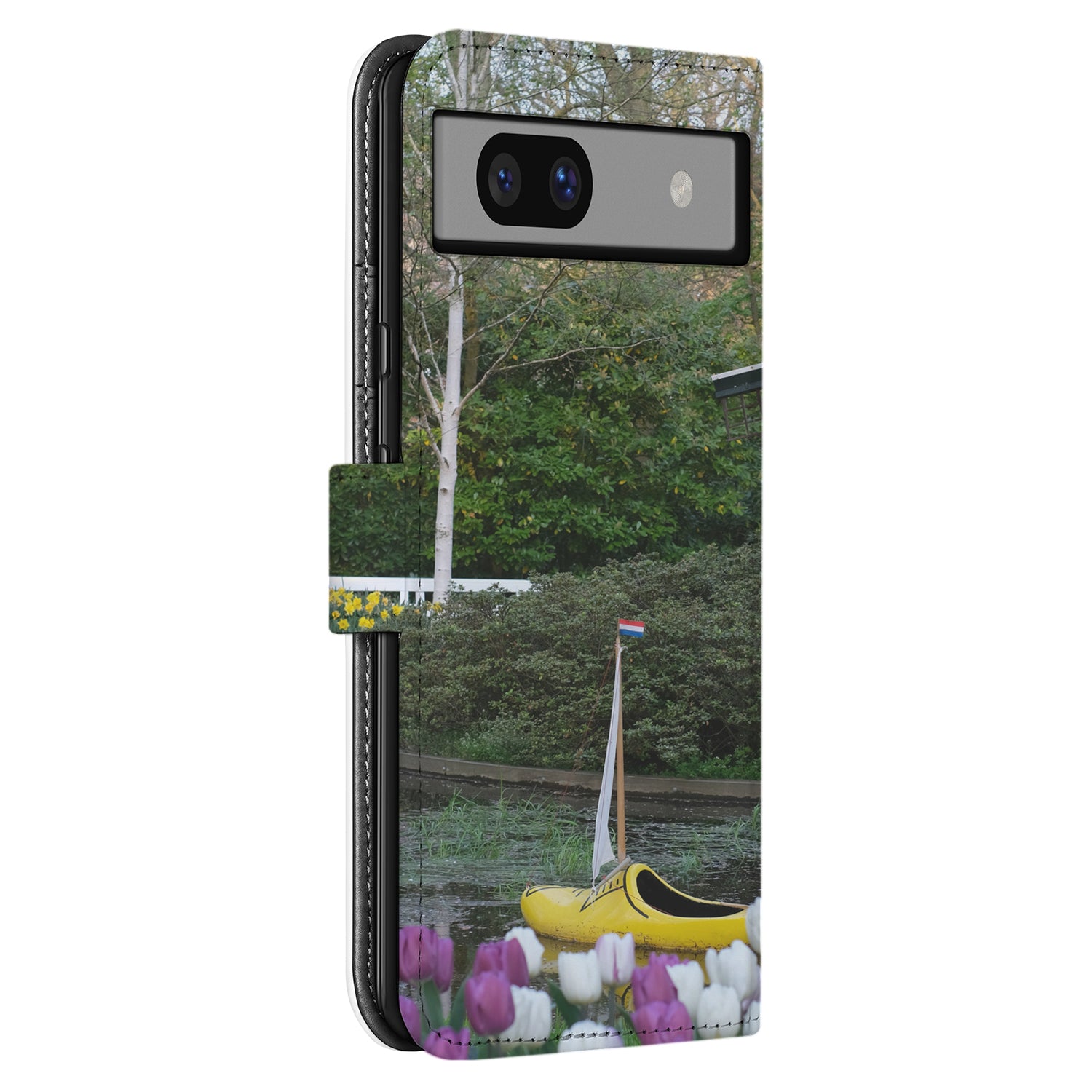 Gepersonaliseerd Telefoonhoesje Google Pixel 8A – Boekmodel Kunstleer met gele boot en bloemen aan waterzijde