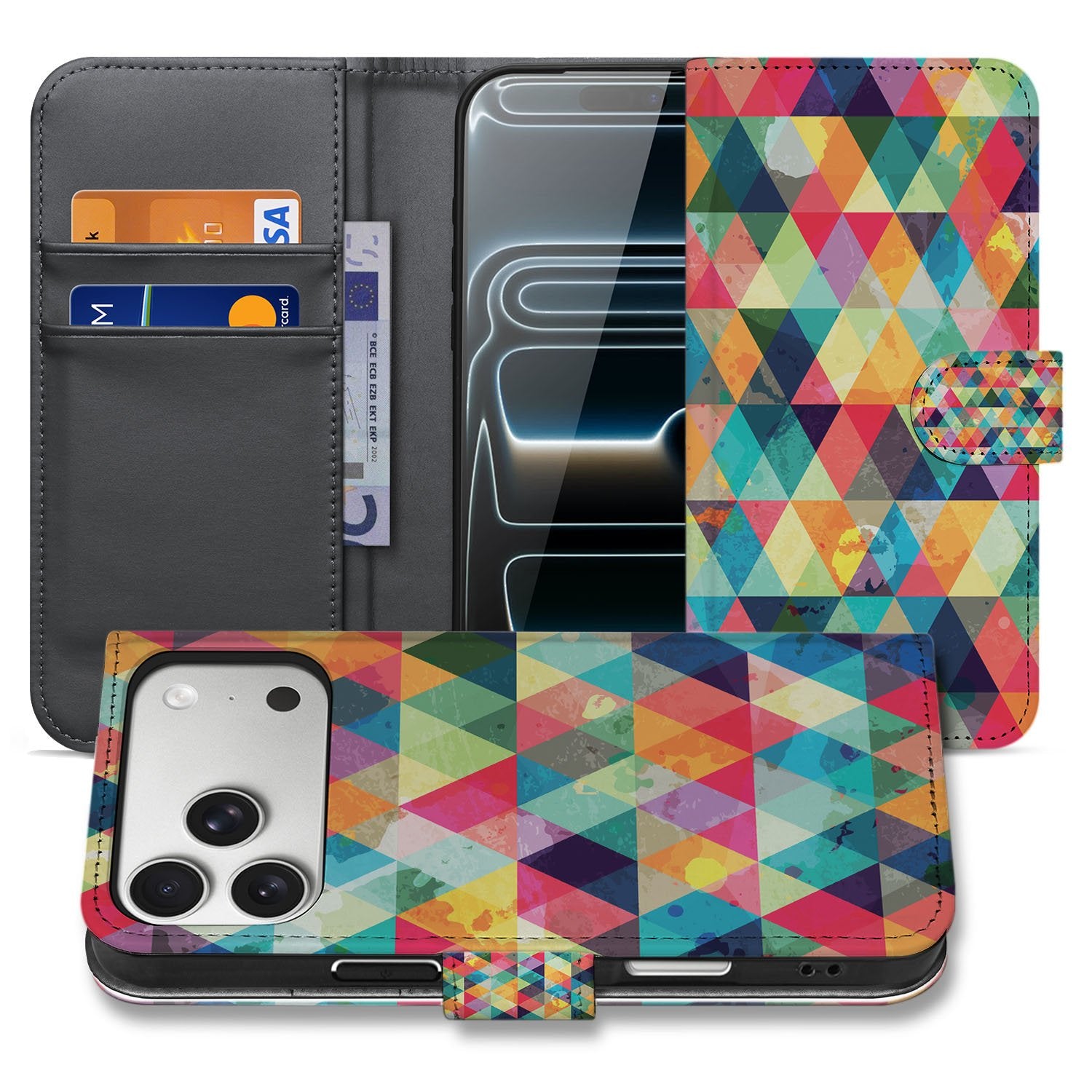 Apple iPhone 17 Pro Geruit Patroon Ontwerp Met Drie Pasjes Opbergsysteem Hoesje Book Case aanzicht