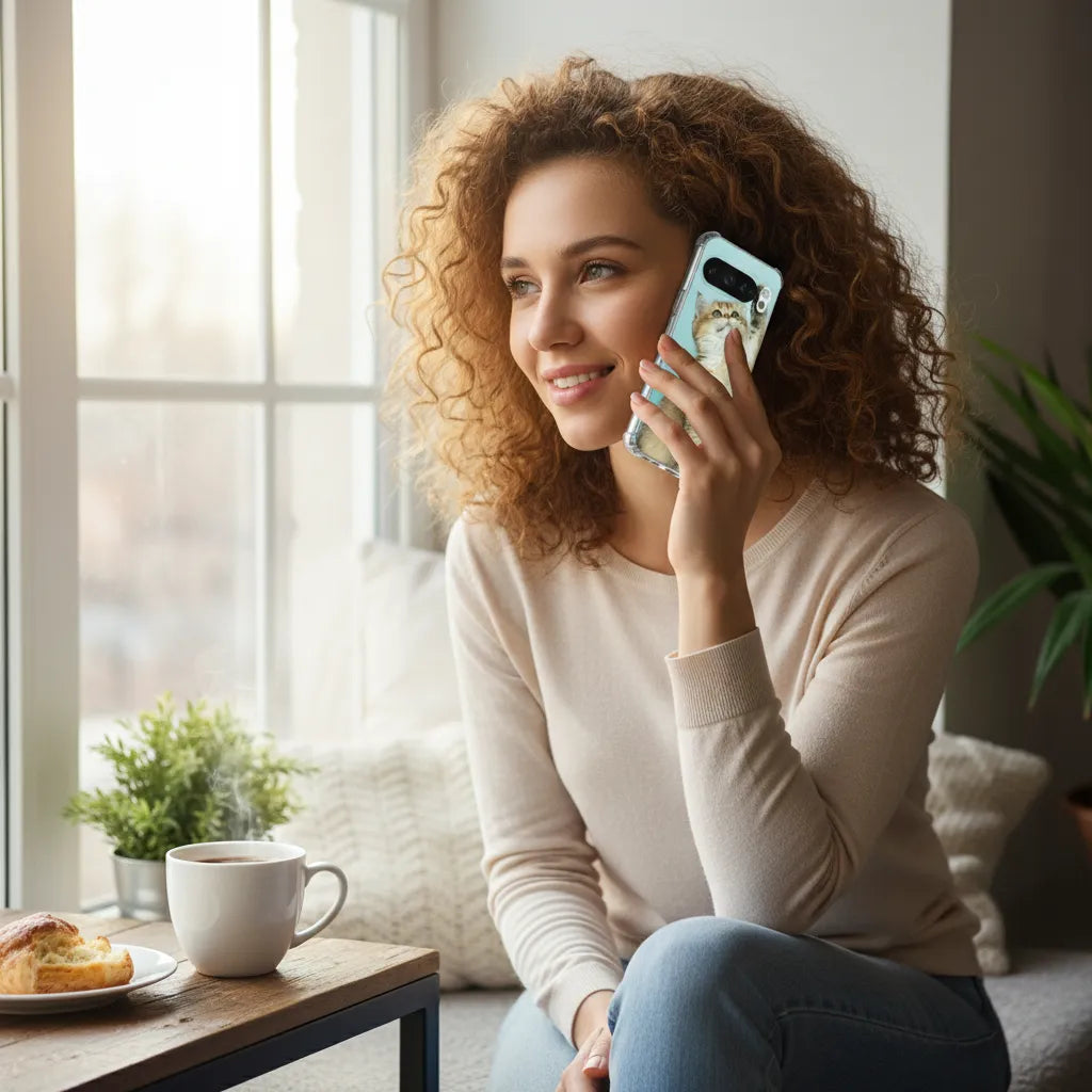 Vrouw met Google Pixel 10 Hoesje Maken – Anti Shock Back Cover met Foto aan de telefoon, genietend van een warme drink en snack.
