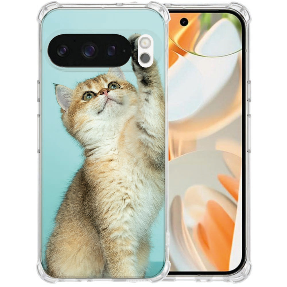 Google Pixel 10 Hoesje Maken – Anti Shock Back Cover met Foto van een schattige kat op een turquoise achtergrond.