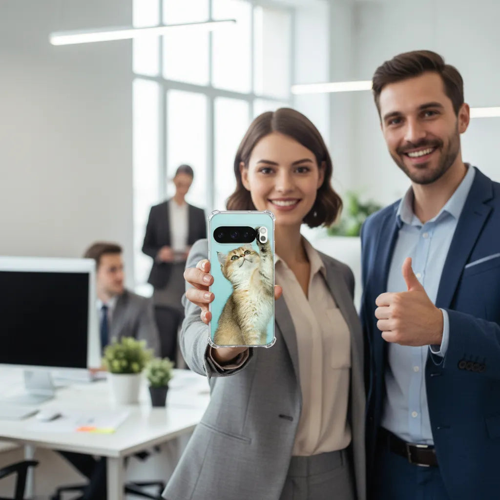 Google Pixel 10 Hoesje Maken – Anti Shock Back Cover met Foto met foto van kat in kantoorsetting.