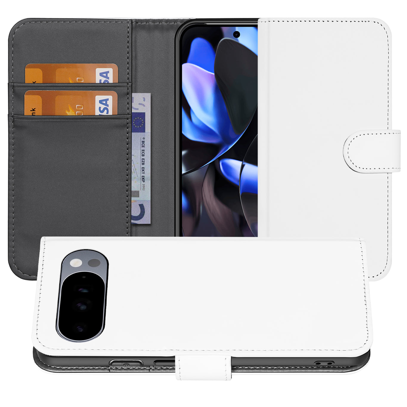 Google Pixel 10 Pro Boekcase Met Pasjeshouder Wit Grijs PU Leer boekcase zijaanzicht
