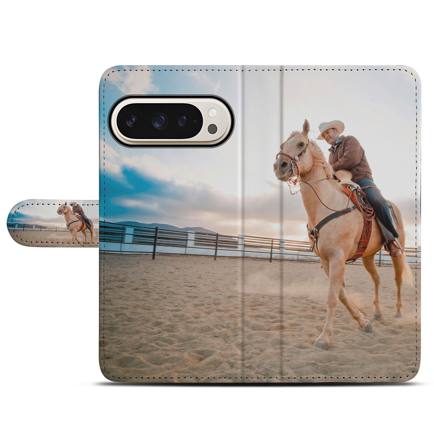 Google Pixel 10 Pro XL Bookcase Hoesje met Eigen Foto Ontwerpen cowboy paard zonsondergang