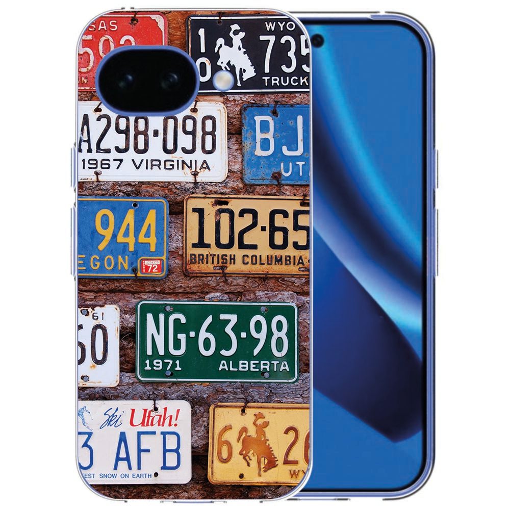 Google Pixel 10a TPU hoesje met collage van kentekenplaten op de achterkant