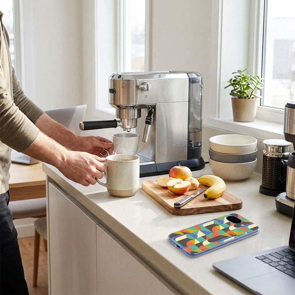 Google Pixel 10a siliconen hoesje Funky Retro - lifestyle foto in huiselijke setting