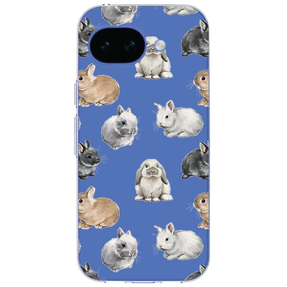Zijaanzicht van het Konijntjes hoesje op een Google Pixel 10a met transparante randen
