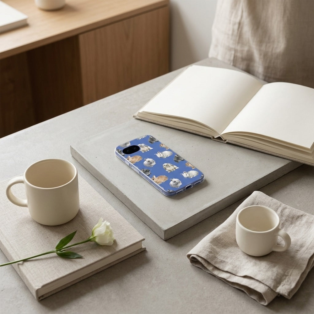 Google Pixel 10a siliconen hoesje Konijntjes - lifestyle foto in huiselijke setting