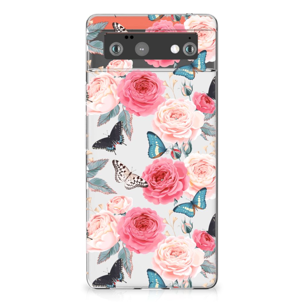 Google Pixel 6 TPU Case Butterfly Roses bloemen vlinders achterkant