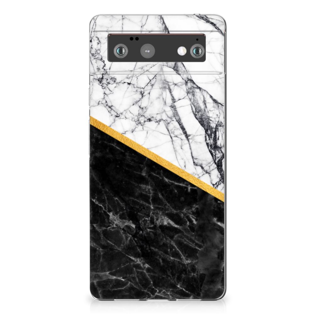 Google Pixel 6 TPU Siliconen Hoesje Marmer Wit Zwart achterzijde zwartwit marmer design