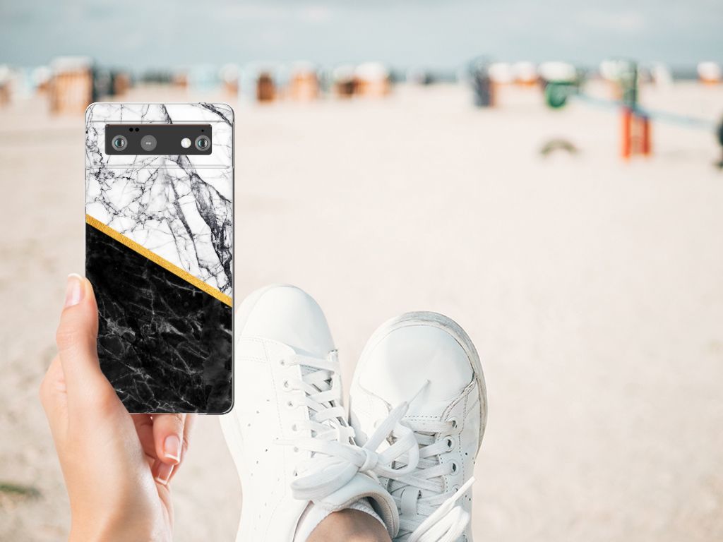 Google Pixel 6 TPU Siliconen Hoesje Marmer Wit Zwart origineel cadeau man design marmer voorkant