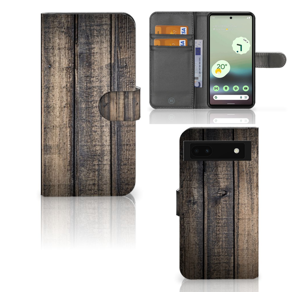 Google Pixel 6A Book Style Case Steigerhout met ruimte voor pasjes, stoer ontwerp, perfecte bescherming en uitstraling 🌳