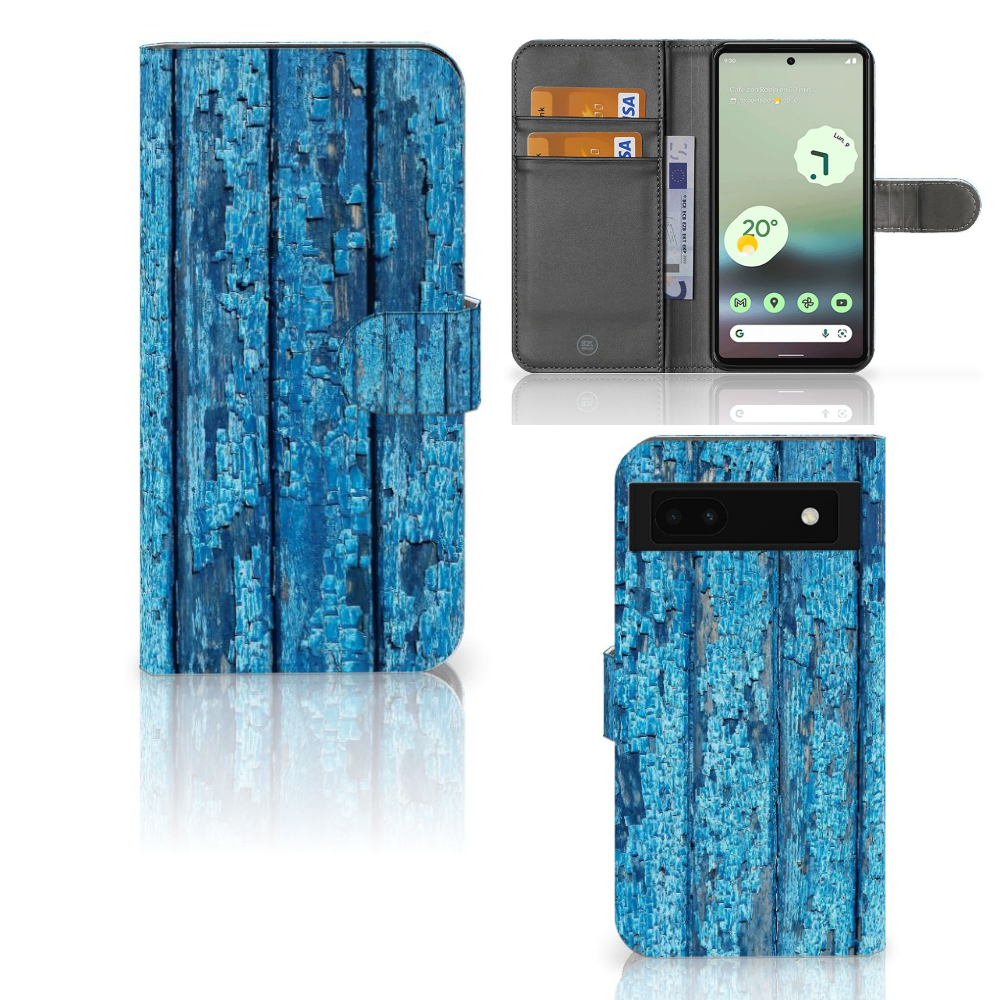Google Pixel 6A Book Style Case Wood Blue boekhoesje blauw hout aanzicht
