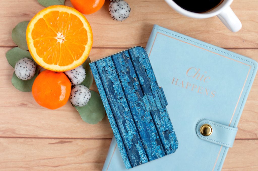 Google Pixel 6A Book Style Case Wood Blue design blauw hout aanzicht