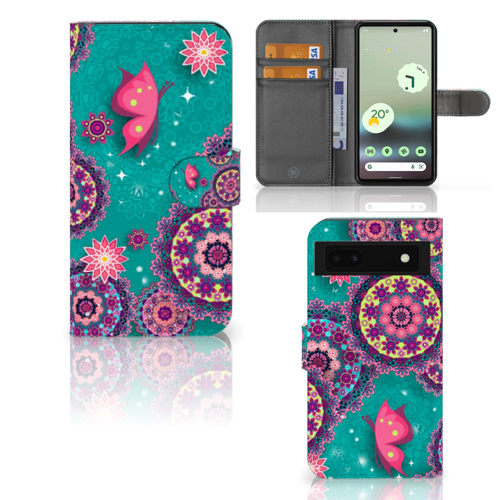 Google Pixel 6A Hoesje Cirkels en Vlinders bookstyle case design Cirkels Vlinders aanzicht
