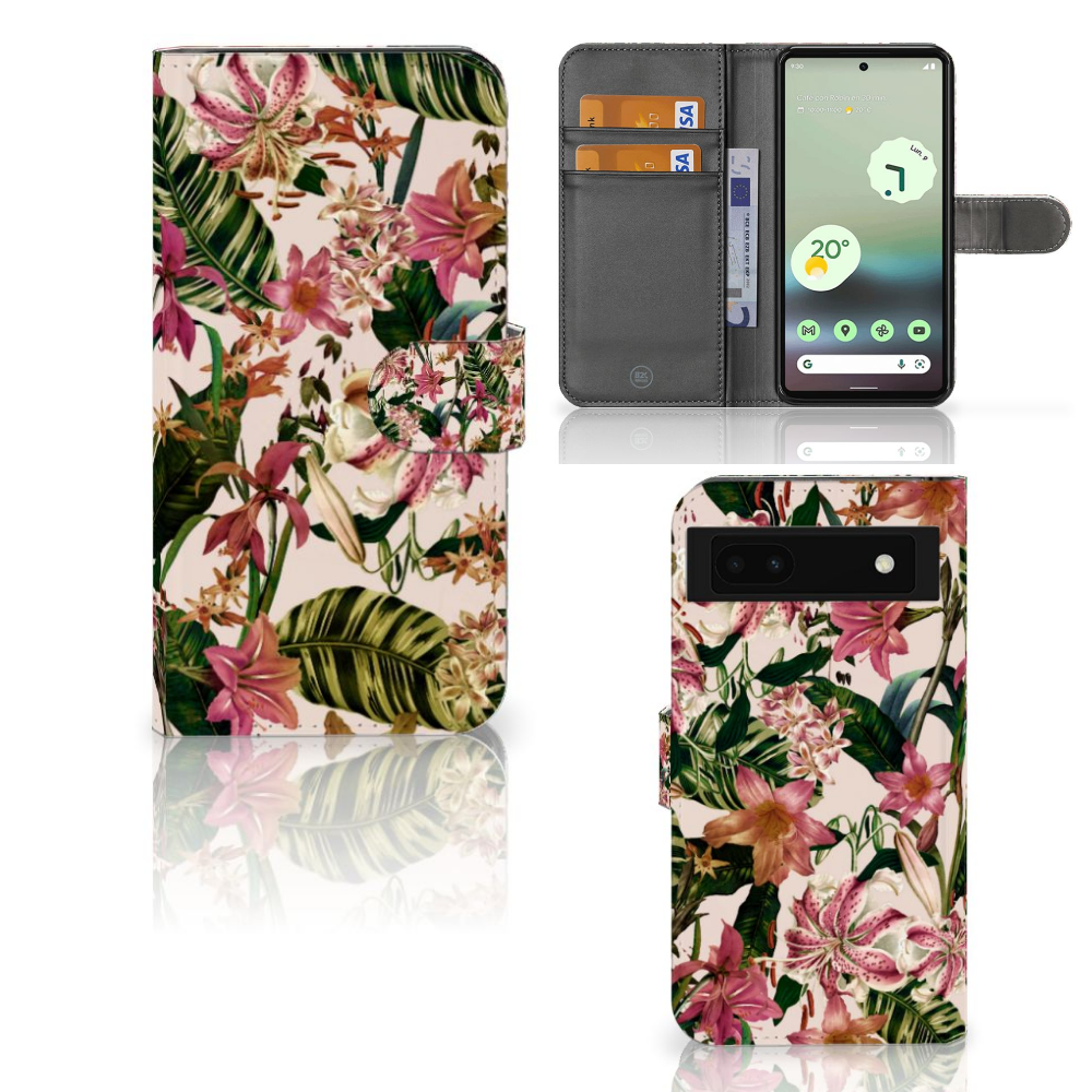 Google Pixel 6A Hoesje Flowers hoesje bloemen tropisch design voorkant binnenkant