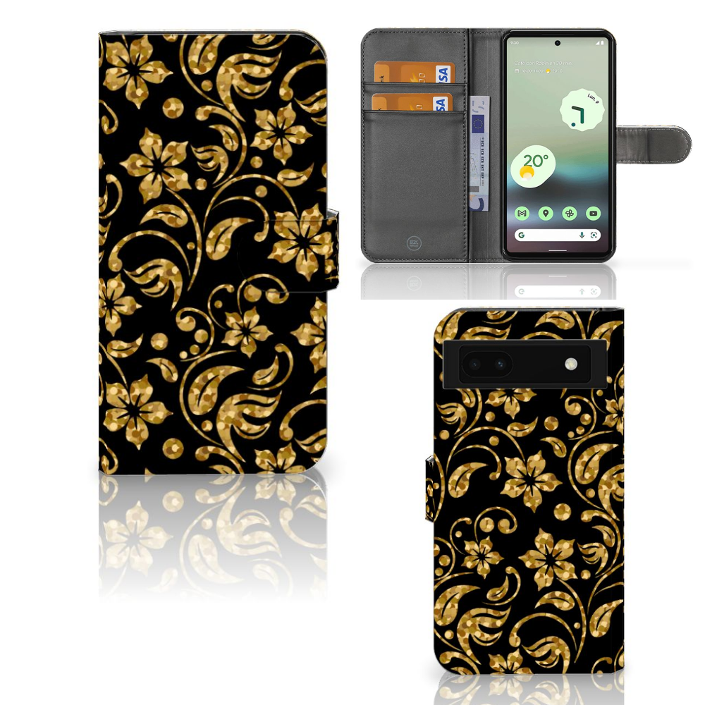 Google Pixel 6A Hoesje Gouden Bloemen telefoonhoesje gouden bloemen design aanzicht
