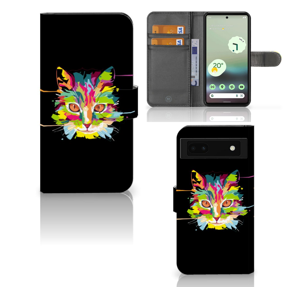 Google Pixel 6A Leuk Hoesje Cat Color designkat aanzicht