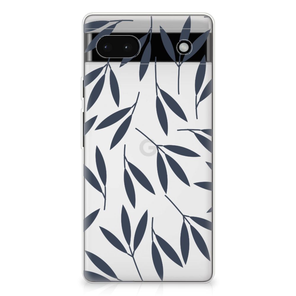Google Pixel 6A TPU Case Leaves Blue bladeren donkergrijs design voorzijde