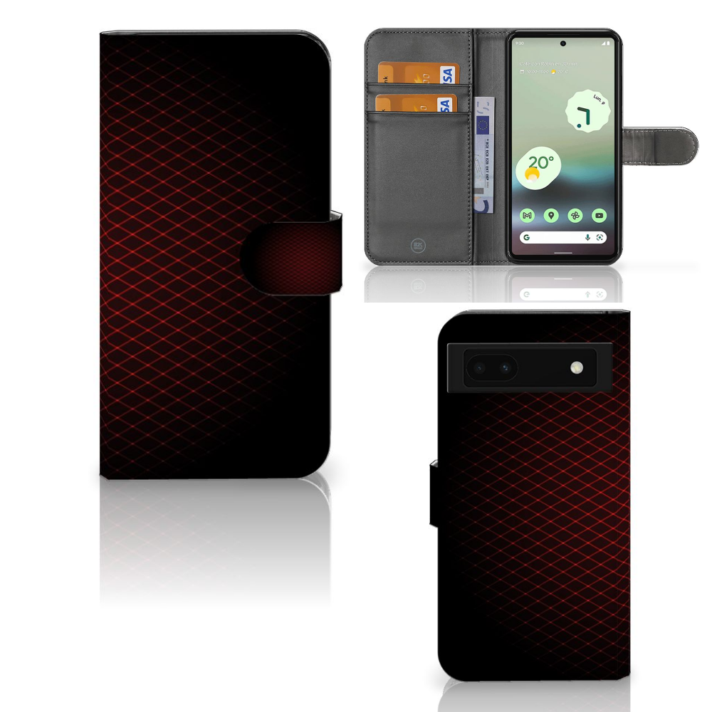 Google Pixel 6A Telefoon Hoesje Geruit Rood met ruimte voor 3 pasjes, minimalistisch design en bedrukt aan alle zijdes.