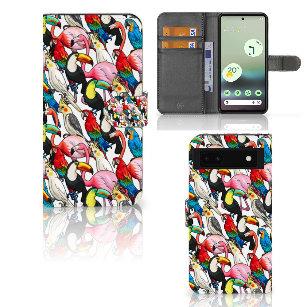 Google Pixel 6A Telefoonhoesje met Pasjes Birds telefoonhoesje kleurrijk design vogels aanzicht