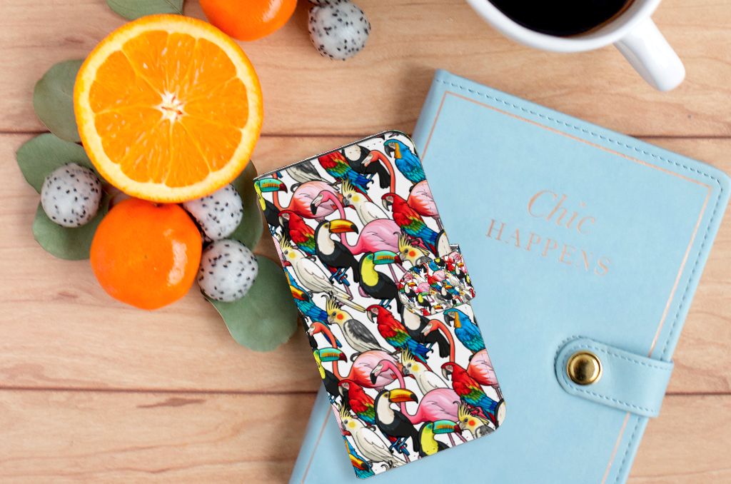 Google Pixel 6A Telefoonhoesje met Pasjes Birds kleurrijk design groothoek