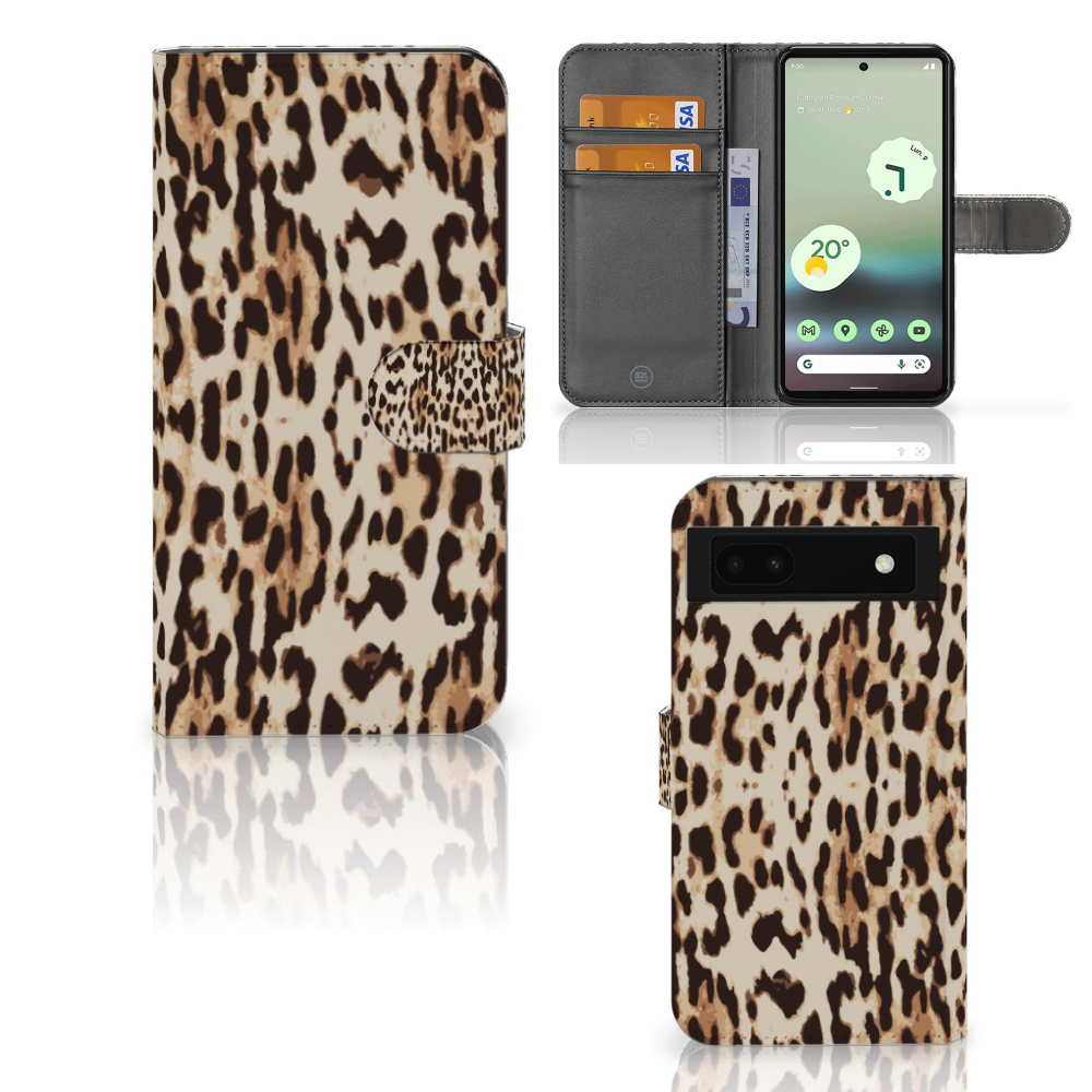 Google Pixel 6A Telefoonhoesje met Pasjes Leopard hoesje design zoemer aanzicht