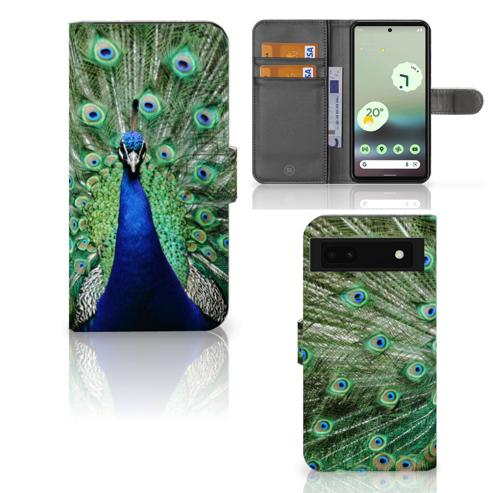Google Pixel 6A Telefoonhoesje met Pasjes Pauw design pauw overhead aanzicht