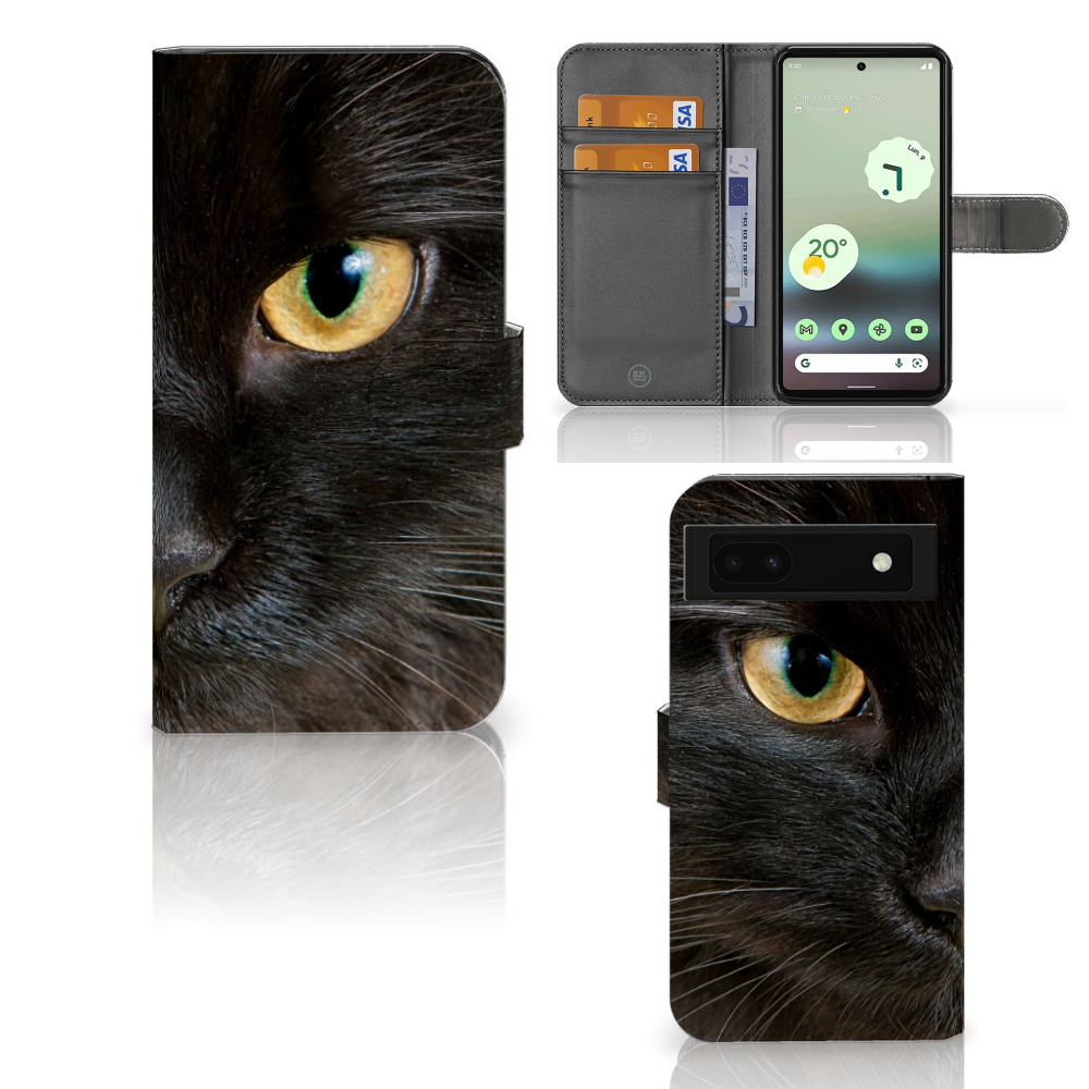 Google Pixel 6A Telefoonhoesje met Pasjes Zwarte Kat design zwarte kat aanzicht