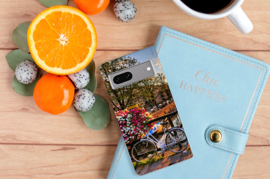 Google Pixel 7 Book Cover Amsterdamse Grachten design fiets bloemen aanzicht