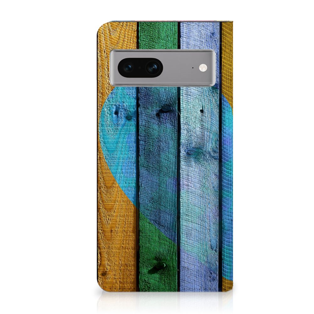 Google Pixel 7 Book Wallet Case Wood Heart cadeau voor je Vriend design hout hart voorkant