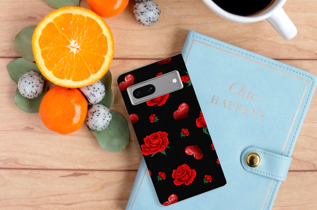 Google Pixel 7 Magnet Case Valentine telefoonhoesje rozen hartjes zwart