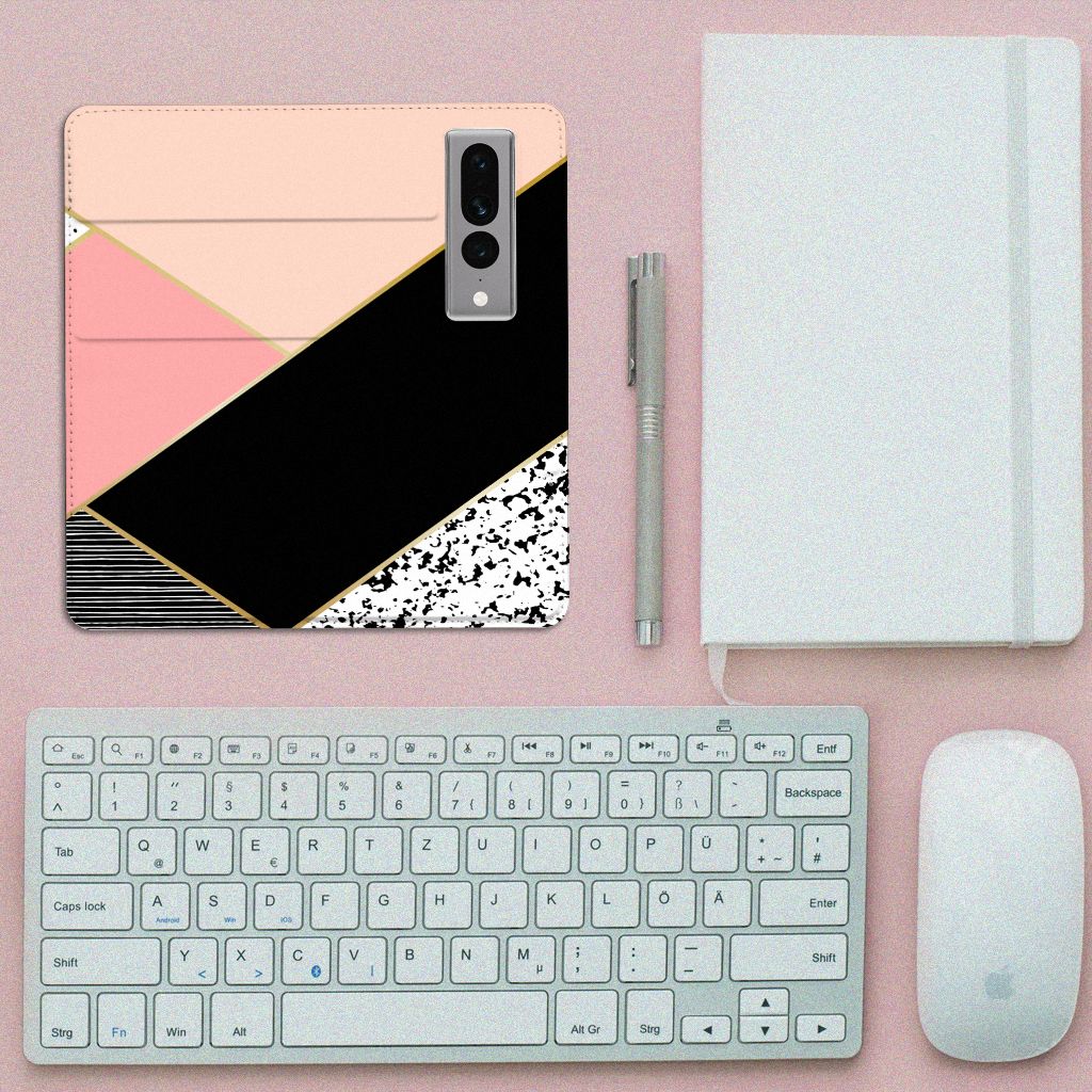 Google Pixel 7 Pro Stand Case Zwart Roze Vormen design Black Pink Shapes aanzicht