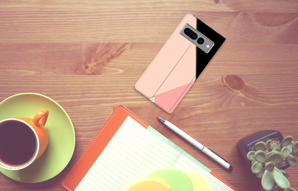 Google Pixel 7 Pro Stand Case Zwart Roze Vormen design zwart roze aanzicht