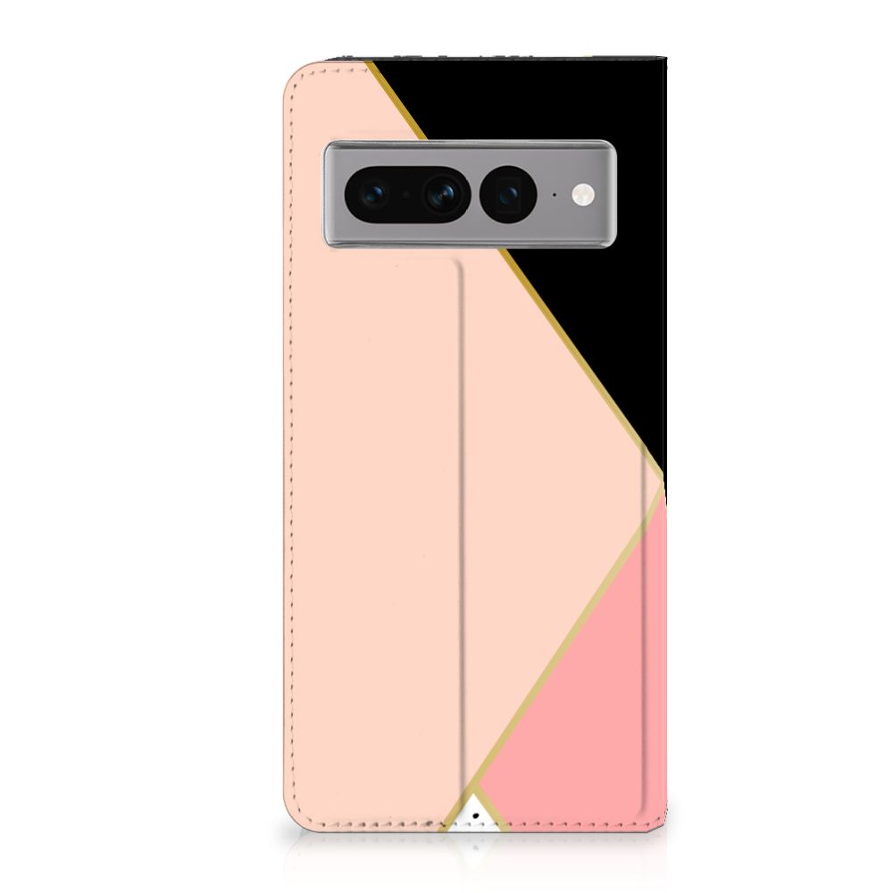 Google Pixel 7 Pro Stand Case Zwart Roze Vormen design zwart roze geometrisch