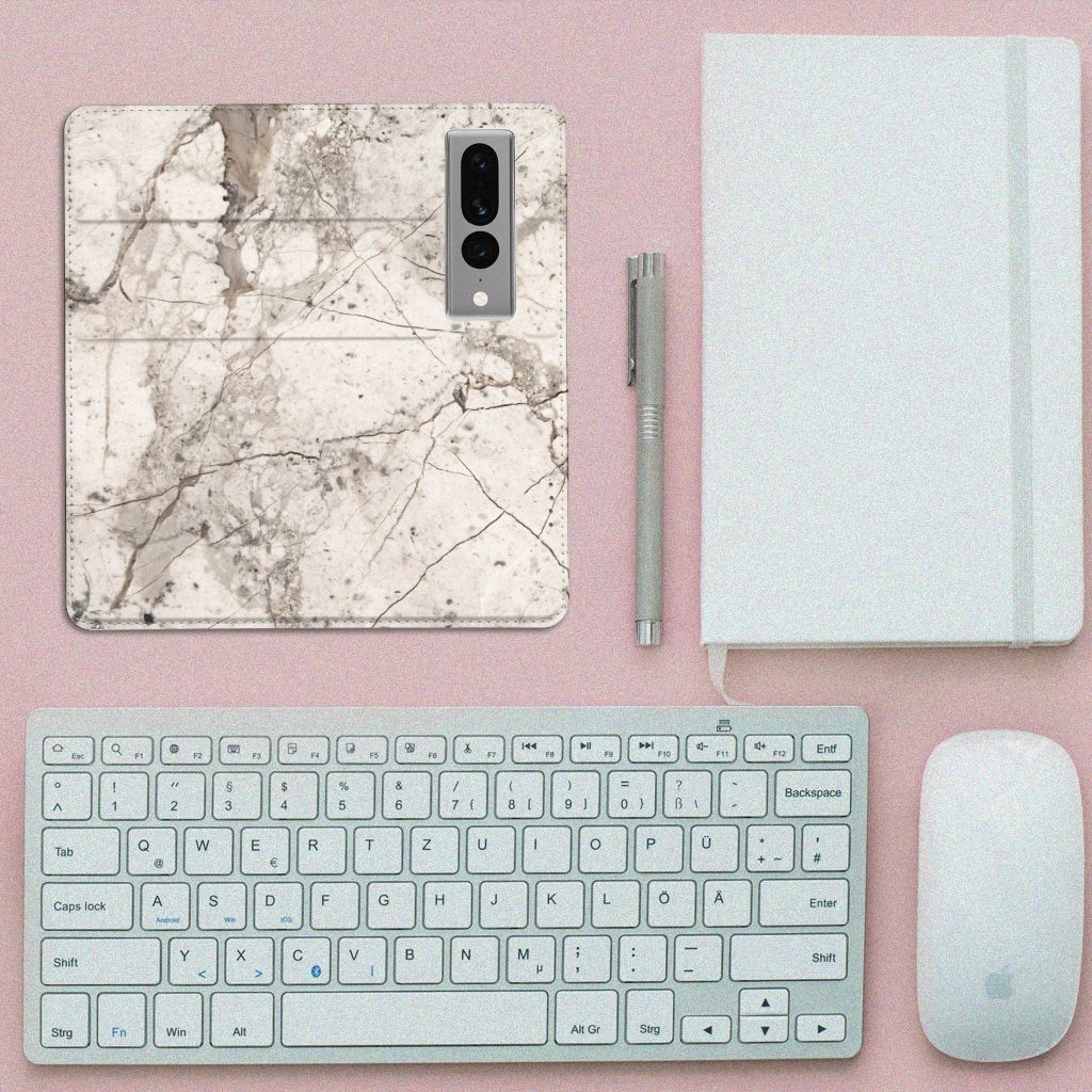 Google Pixel 7 Pro Standcase Marmer Beige design hoesje bovenaanzicht