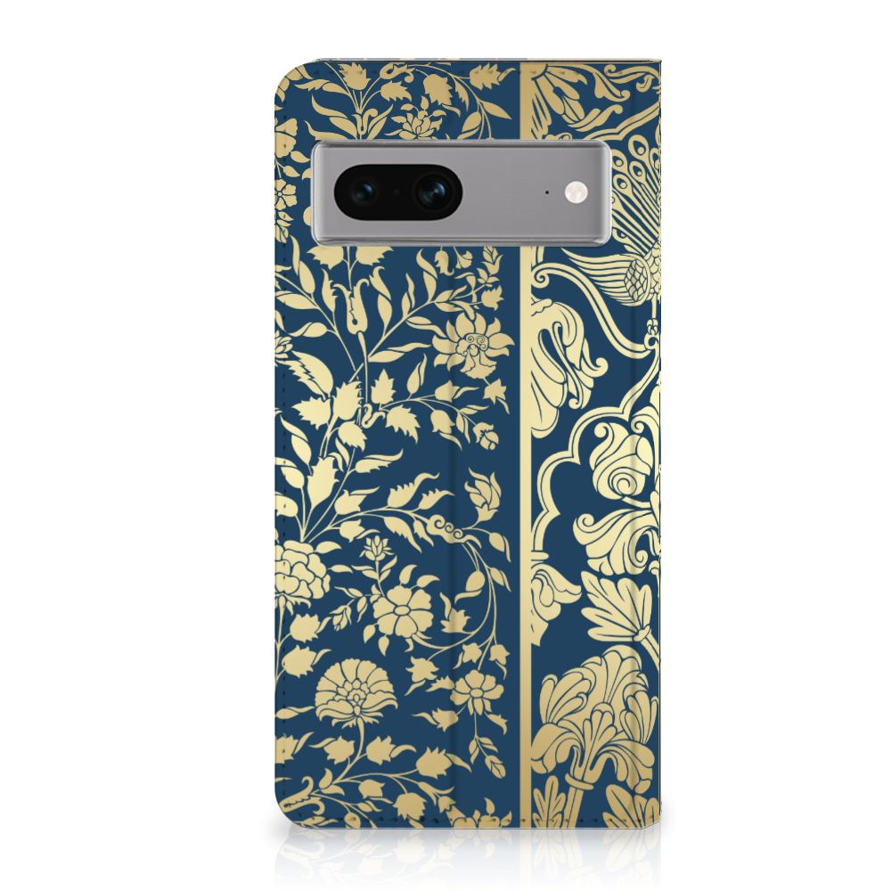 Google Pixel 7 Smart Cover Beige Flowers hoesje beige bloemen donkerblauw zijaanzicht