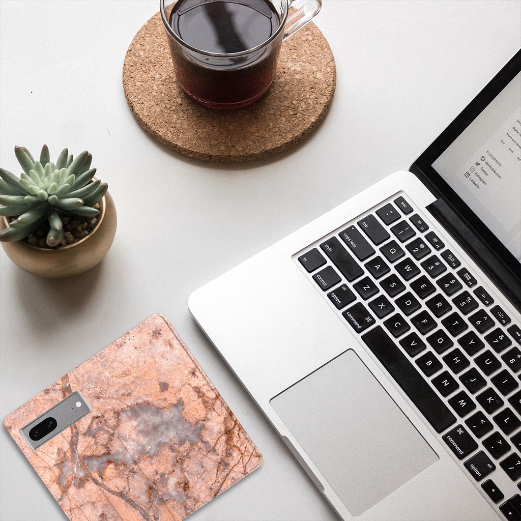 Google Pixel 7 Standcase Marmer Oranje design marmer bovenaanzicht