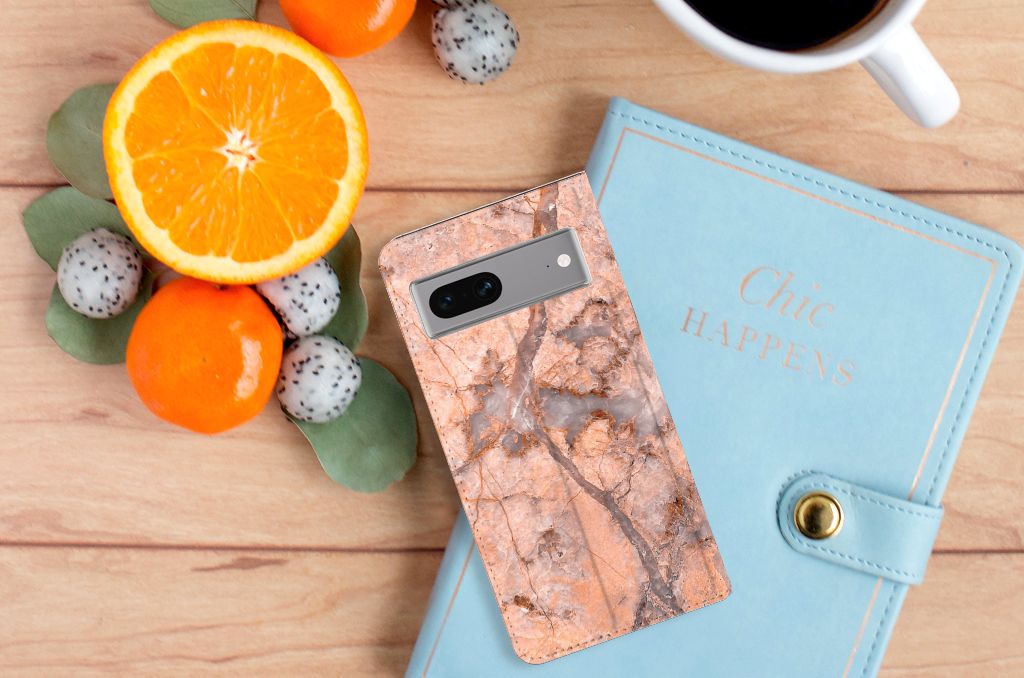 Google Pixel 7 Standcase Marmer Oranje hoesje marmer oranje bovenaanzicht