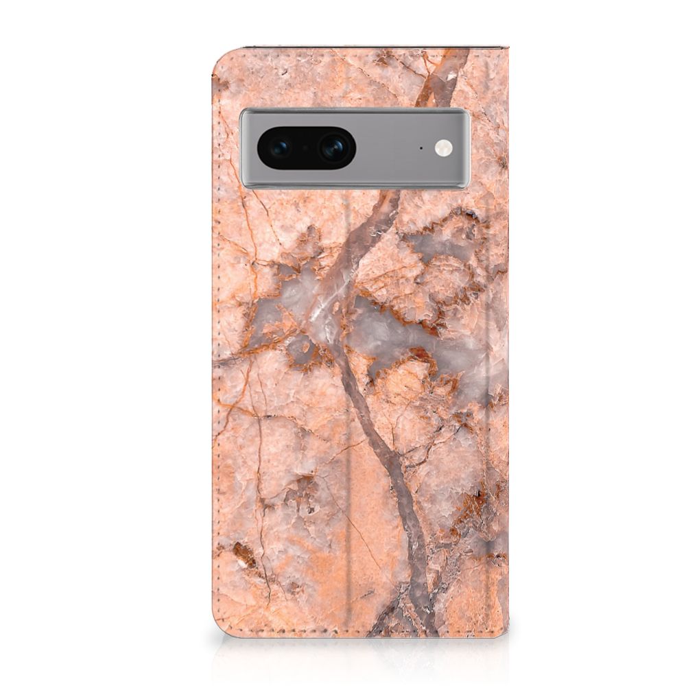 Google Pixel 7 Standcase Marmer Oranje design hoesje voorkant