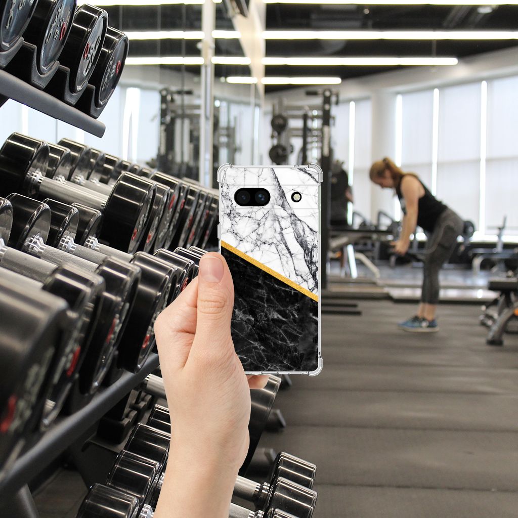 Google Pixel 7A Anti-Shock Hoesje Marmer Wit Zwart design hand fitnessruimte